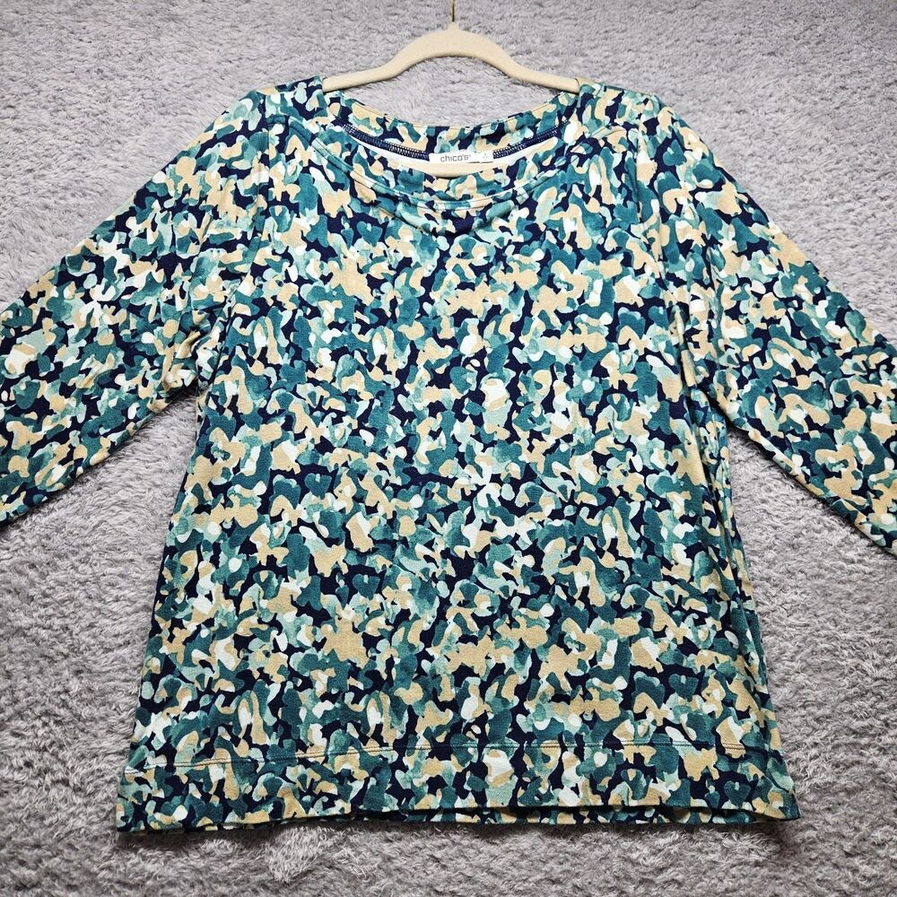 Chico's Teal Watercolor 3/4 Sleeve Tshirt Women Size L Chicos 2 Casual Cotton